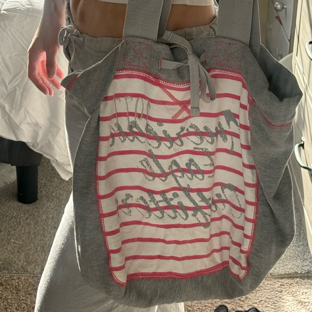 Vintage Y2K American Eagle Pink & White Striped Embroidered Cotton Tote Bag